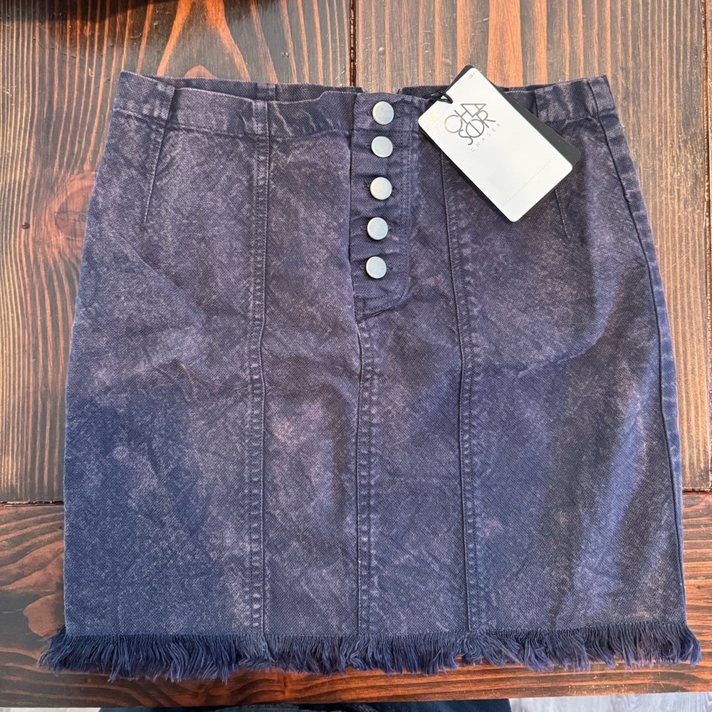 Chaser Washed Purple Button Front Fringe Hem Denim Mini Skirt Small